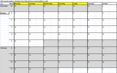 Calendars  Work 2011 on 2012 Excel Week Numbers Calendar