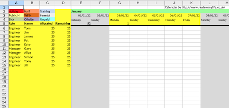2022 staff holiday planner excel spreadsheet